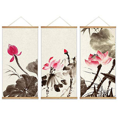wall26 - 3 Panel Hanging Poster with Wood Frames - Ink Painting Style ...