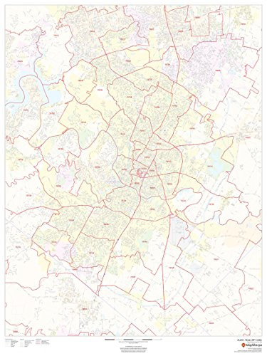 Austin Texas Zip Codes 36 x 48 Matte Plastic Wall Map - Warehousesoverstock