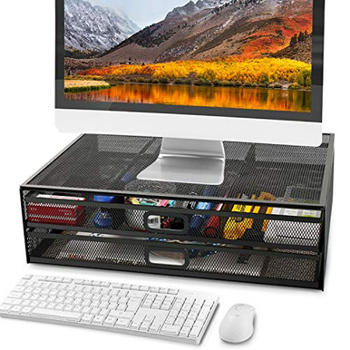 Monitor Stand Riser with Dual Pull Out Storage Drawer Metal Mesh Desk ...