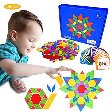 JIAHCN 155 Pcs Wooden Pattern Blocks Set Animals Jigsaw Shape Fun ...
