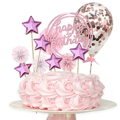 Rose Gold Happy Birthday Cake Topper Set 11 Pack Paper Fans Confetti ...