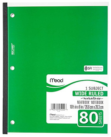 Mead Notebook, 1 Subject, Wide Ruled Paper, 80 Sheets, 10-1/2