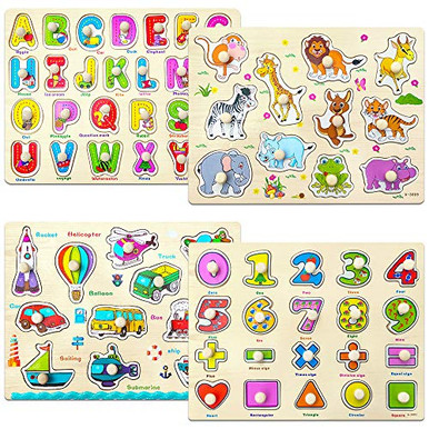 Familamb Peg Puzzle for Toddlers Wooden Alphabet Animal Number Vehicle ...