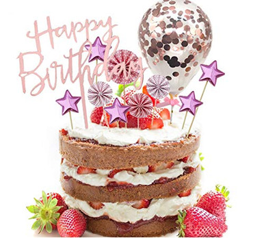 Rose Gold Happy Birthday Cake Topper Set of 11 Paper Fans Confetti ...