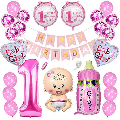 Ceqiny Baby Girl First Birthday Decorations 1st Happy Birthday Banner ...