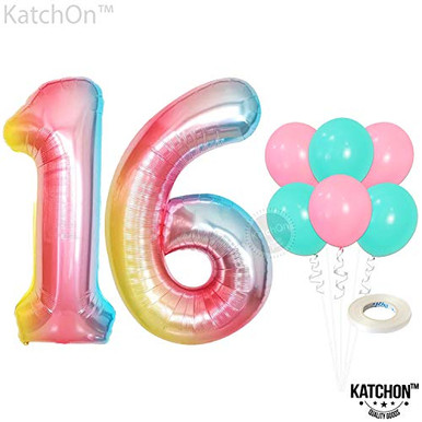 Rainbow Number 16 Balloon Set - Large, 40 Inch | Pink and Turquoise ...