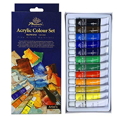 PHOENIX Acrylic Color Paint Set of 12 Tubes x 12 ml Non Toxic Paints ...