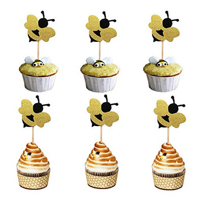 Hongkai 24pcs Gold Glitter Bumble Bee Cake Toppers for 1st Birthday ...