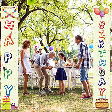 Colorful Rainbow Happy Birthday Door Banner - Large Hanging Porch Sign For Kids Party Decor, Indoor/Outdoor