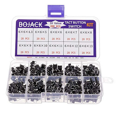 BOJACK 200-Pack Tactile Pushbutton Switch Assortment – 10 Values Of 6x6mm Momentary 4-Pin Switches In Plastic Storage Case