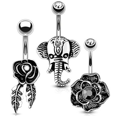 BodyJ4You 3PC Belly Button Rings Set 14G Antique Flower Stainless Steel ...
