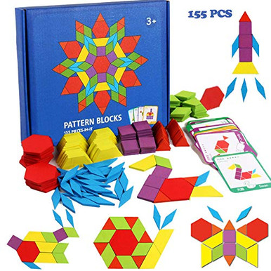 155 Pcs Wooden Pattern Blocks Set - Geometric Shape Puzzle Kindergarten ...