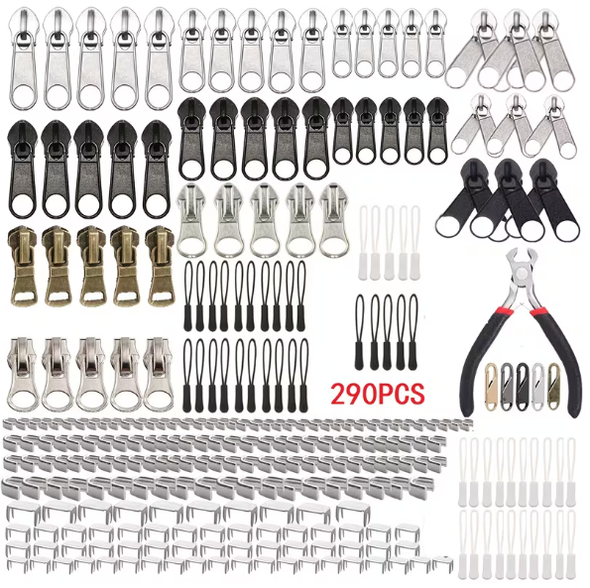 Huge 290pc ZIPPER REPLACEMENT Kit - Pulls, Stops, Ends #414 (Z-3-5)