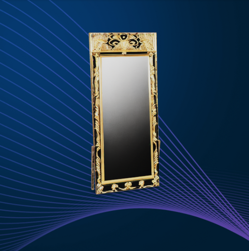 An elegant vanity mirror, n elegant vanity mirror with a gold-plated frame and intricate patterns.,
