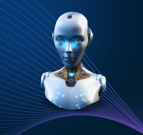 A robotic AI avatar with a holographic face