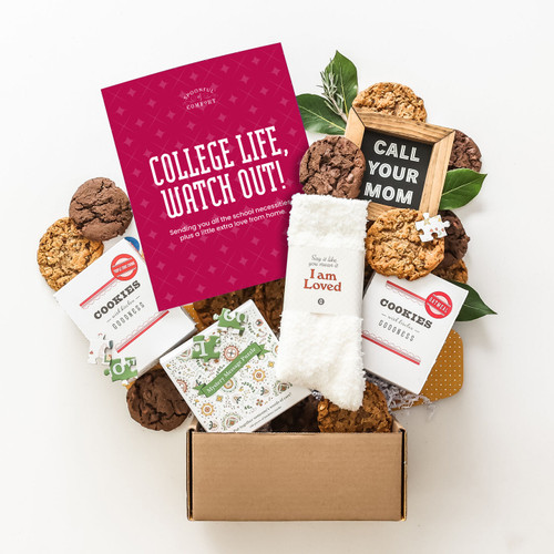 Little College Comforts package with cookies,"You are loved" Mystery Message puzzle, wood sign with text, Call Your Mom, "Stuff Every College Student Should Know" book,  package insert with text "College life, watch out!"