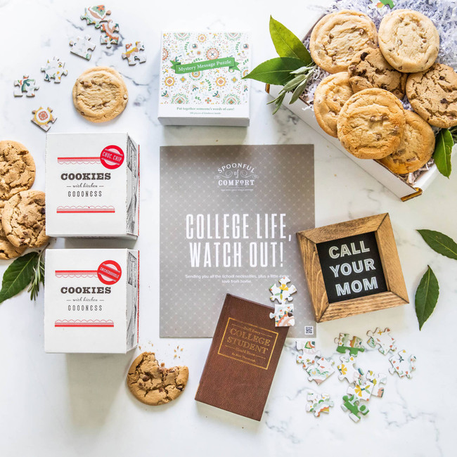 Little College Comforts package with cookies,"You are loved" Mystery Message puzzle, wood sign with text, Call Your Mom, "Stuff Every College Student Should Know" book,  package insert with text "College life, watch out!"