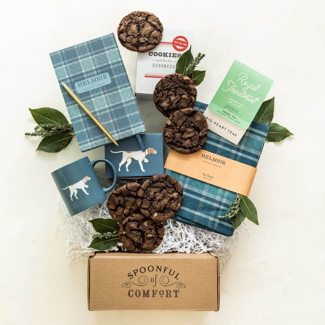 Pointer Plaid Thinking of You Package with cookies, tea and designed by Helmsie journal, tea towel and mug