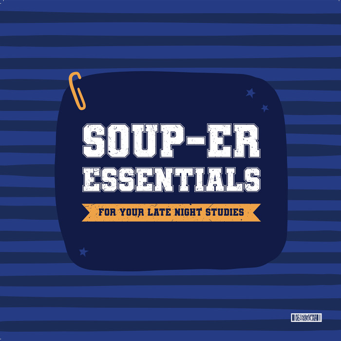 College CaBlue card with striped background that reads “Soup-er Essentials for Your Late Night Studies,” with a small paperclip graphic in the corner.re Essentials Package