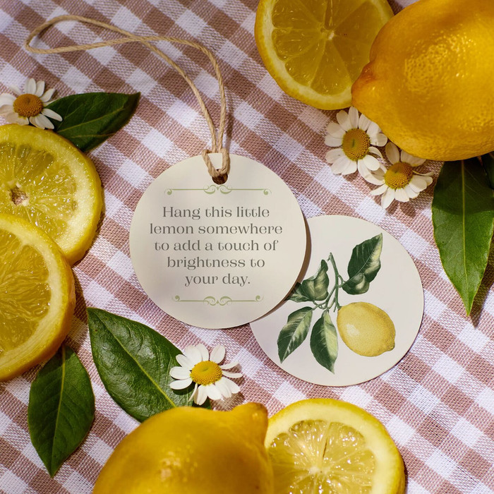 Lemon-themed gift tag that reads “Hang this little lemon somewhere to add a touch of brightness to your day,” surrounded by fresh lemons, slices, greenery, and small white flowers on a checkered cloth.