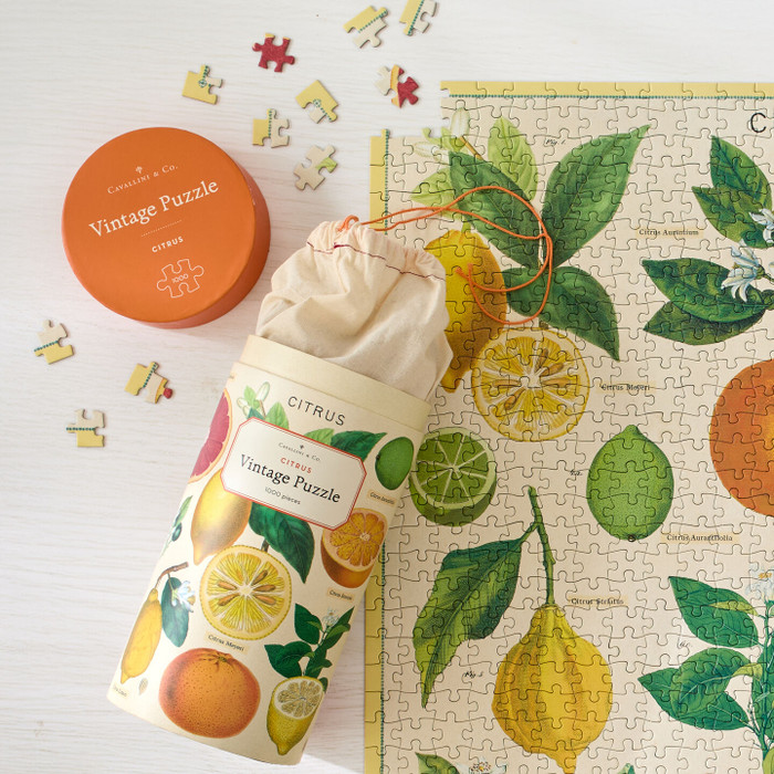 Summer Citrus Puzzle tube container with puzzle pieces around it