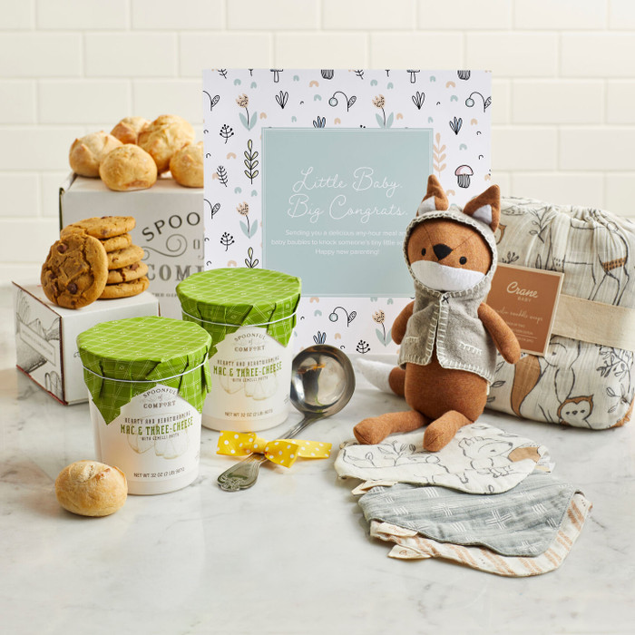 Gift set for new parents including containers of soup, rolls, cookies, a metal ladle with a yellow ribbon, baby clothes, a stuffed fox toy, and a card displayed in the background.