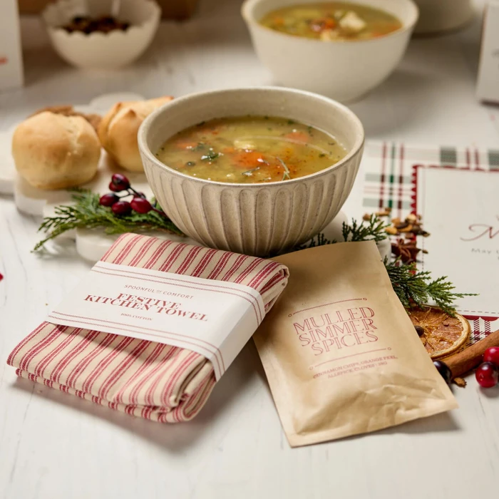 Festive Kitchen Soup and Scents Package with a kitchen towel and mulled simmer spices.
