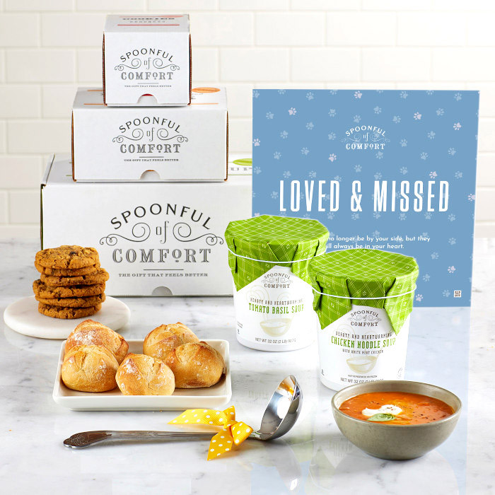 Pet Loss Sympathy package with soup, rolls and cookies along with package insert with text "Loved & Missed"