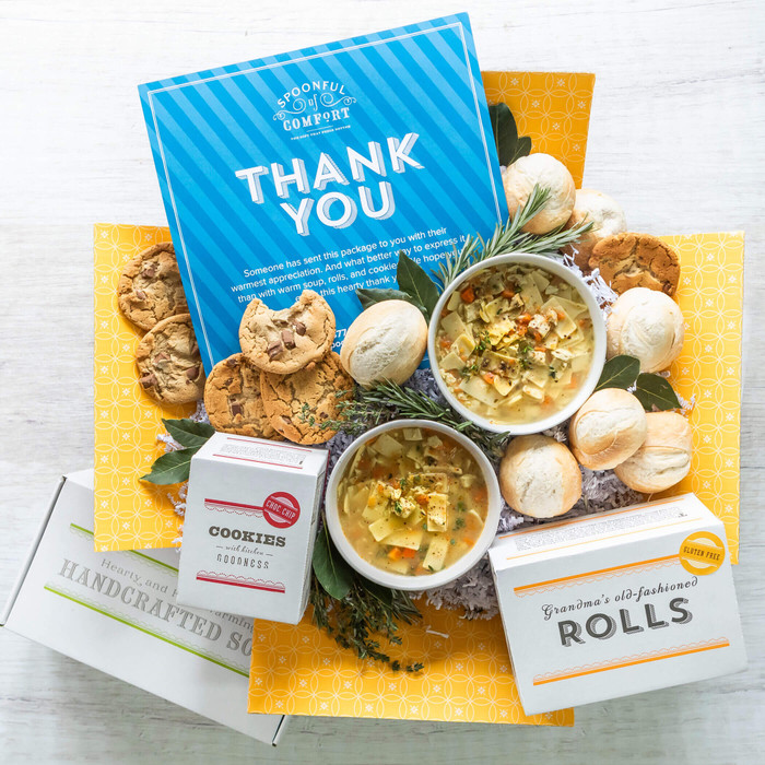 Thank You Care Package with soup, rolls and cookie displayed with included package insert with text "Thank You"