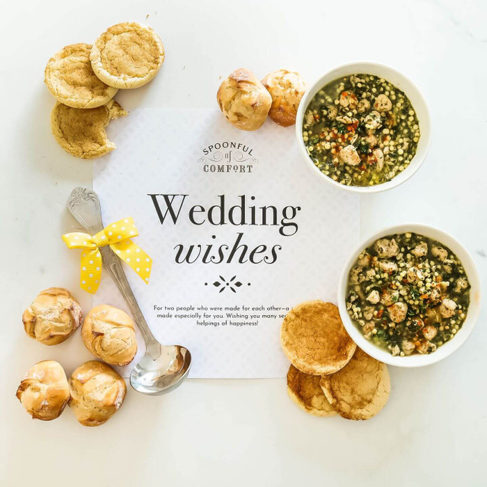 Spoonful of Comfort Wedding Congratulation's with soup, rolls, cookies, and package insert with text "Wedding Wishes"