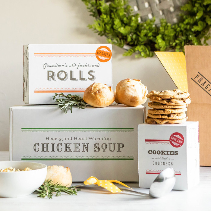 Spoonful of Comfort boxes that soup, rolls and cookies arrive in.