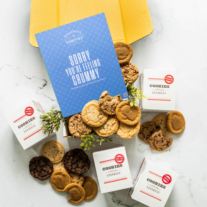 Two dozen cookie Get Well package with package insert with text "Sorry You're Feeling Crummy"