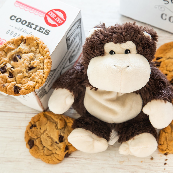 Stuffed toy monkey surrounded by cookies