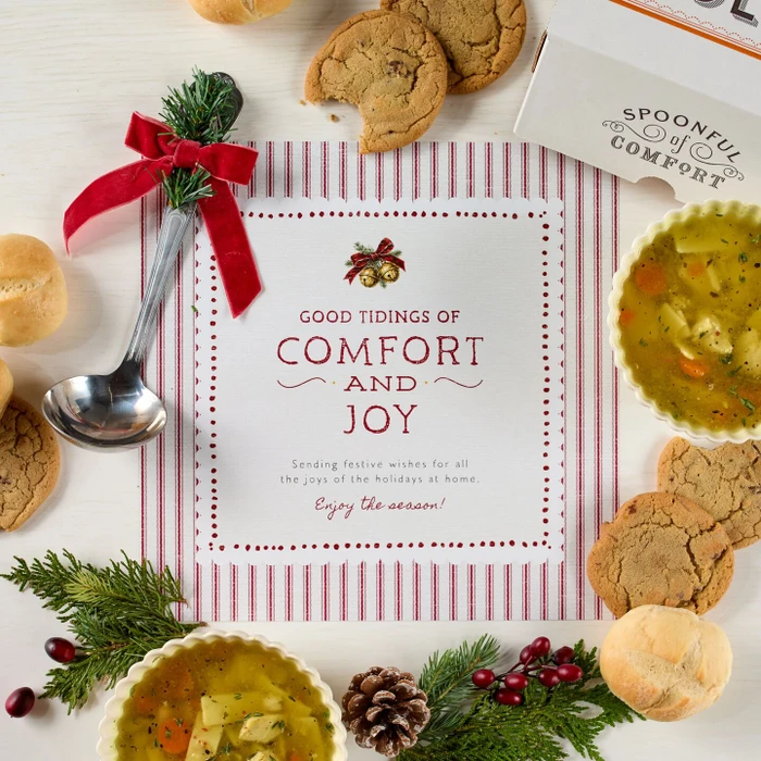 Decorative soup package with two bowls of soup, holiday decorations and a ladle with a bow