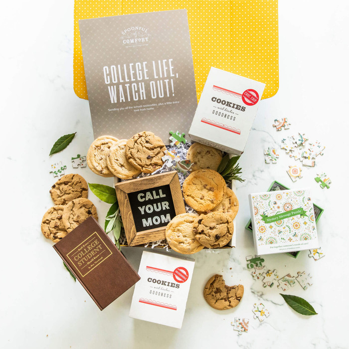 Little College Comforts package with cookies,"You are loved" Mystery Message puzzle, wood sign with text, Call Your Mom, "Stuff Every College Student Should Know" book, package insert with text "College life, watch out!"