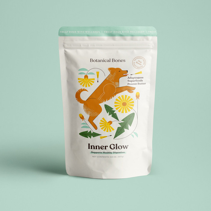 dog treat back with yellow dog on front of packaging 