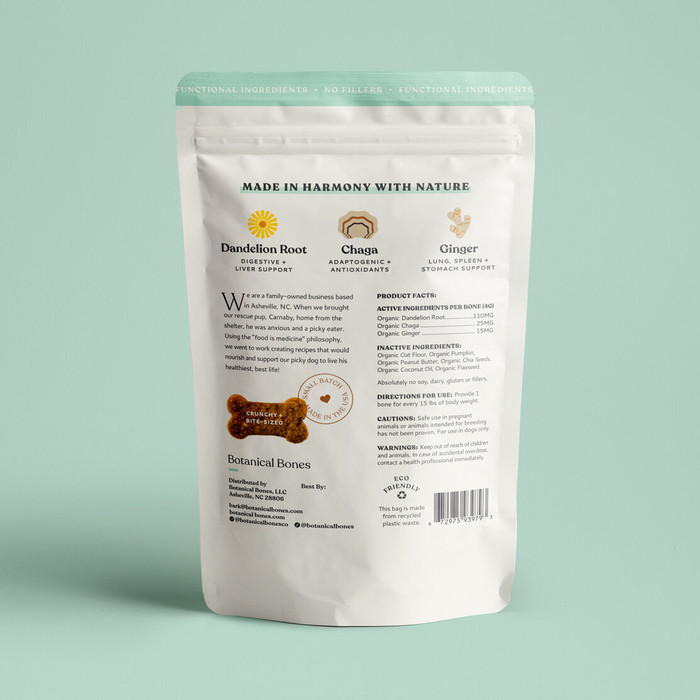 dog treat bag with blue background with ingredient label and product description 