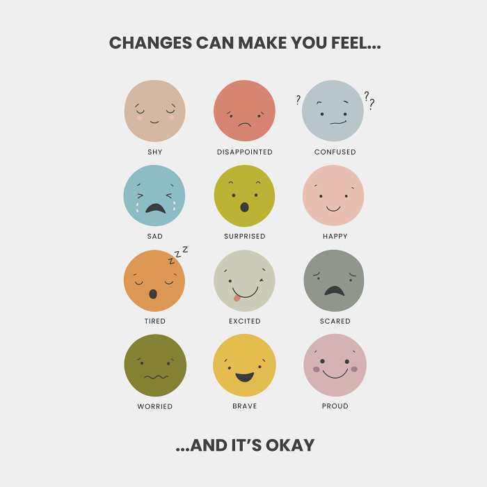 Illustrated chart showing different emotions with labeled faces including “Shy,” “Disappointed,” “Confused,” “Sad,” “Surprised,” “Happy,” “Angry,” “Frustrated,” “Calm,” “Worried,” “Brave,” and “Proud,” with text that reads “Changes can make you feel… and it’s okay.”