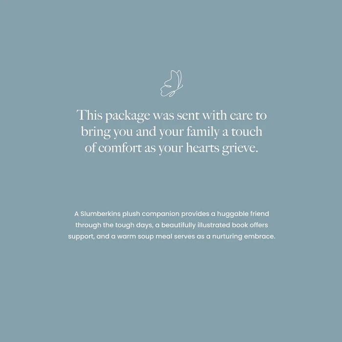 Card with a soft blue background that reads “This package was sent with care to bring you and your family a touch of comfort as your hearts grieve,” with smaller supportive message text below.