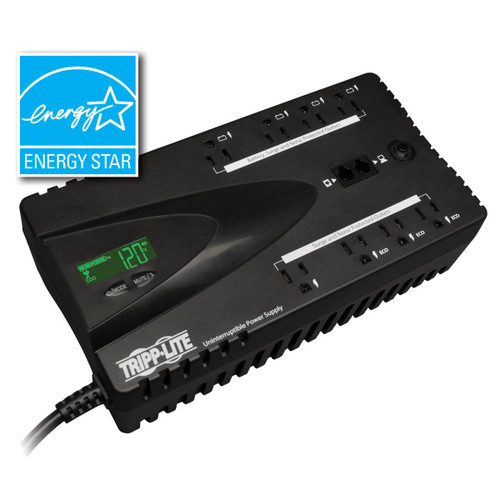 Tripp Lite UPS 650VA 325W ECO650LCD Eco Green Battery Back Up LCD 120V Ultra-compact, green UPS system is the ideal green solution for complete protection against blackouts, brownouts and power surges. Its 650VA/325-watt, power handling capacity supports entry-level PC systems for up to 17 minutes during blackouts.