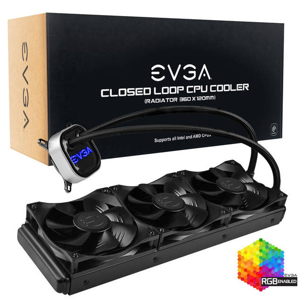 EVGA 400-HY-CL36-V1, This new liquid cooler from EVGA gives you incredible performance, low noise, and robust software controls. The full copper waterblock pulls the heat from your CPU to the radiator, where newly designed fans, featuring Teflon Nano Bearings, effortlessly disperse the heat.
The CLC 360 offers premium sleeved tubing and fully controlled RGB LED to provide a sleek look.
Monitor and control the CLC 360 with the new EVGA Flow Control software, which allows you to monitor and change pump speed, fan curve, and RGB LED! With the CLC and EVGA Flow Control, take back control of your temperatures and peace of mind.