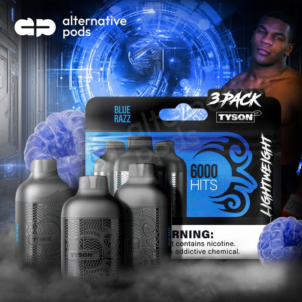 tyson vape blue razz 2.0 Lightweight 6000 Hits: Powerful Vaping Trio 2000 puffs x3 Flavour:Peach multibuy:3 Packs Of Pods for £15 Louder Than Smoke
