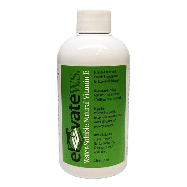 This water-soluble natural Vitamin E solution is intended as an oral vitamin E supplement for horses of all classes. Elevate is ideal for horses maintained on diets composed largely of processed grains and stored forages. Contains a minimum of 500 IU per mL of vitamin E.