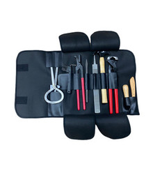 An all in one handy farrier bag that comes already loaded with all the necessary farrier tools conveniently stored in the easy access pockets. Rolls up for easy storage so you will always be prepared for any hoof care issue. Includes Velcro® binding for a secure closure.

One of each tool included:

# 10241 - Horseshoe hammer
# 10239 - 14" forged nail clincher
# 10242 - 14" forged hoof nipper
# 10260-12 - Rasp with 12" tang
# 10279 - Rasp handle
# 244534 - Hoof Knife
# 10389 - Hoof Tester
# 1513 - Clinch Cutter
# 24585-BK - Hoof Pick with brush
# 387 - Pritchel