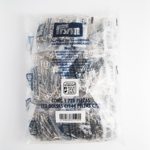 Alfiler de Seguridad de Hierro Niquelado Prym 12 Bolsas de 144 Pzas. No. 3