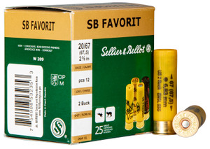 Sellier & Bellot 20 Gauge Buckshot - Model SB20BSA, 2.63 Inch, 1 oz, Shot Size #2, 1247 fps - 25 Rounds per Box