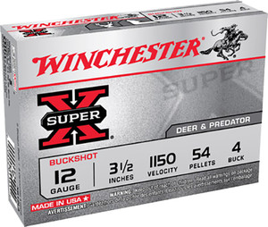 Winchester Ammo Super-X 12 Gauge 3.5-inch 4 Buckshot Shotshells - 54 Pellets, Buffered, 1150 fps, 5 Rounds per Box