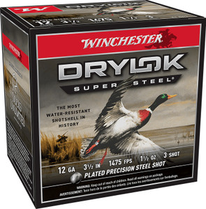 Winchester Ammo DryLok Super Steel 12 Gauge High Velocity Shotshells – 3.5 Inch, 1.5 oz, Size 3, 1475 fps, 25 Rounds per Box