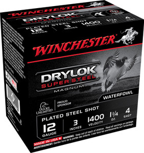 Winchester Ammo DryLok Super Steel 12 Gauge 3-Inch 4 Shot High Velocity Shotshells, 1 1/4 oz, 1400 fps - 25 Rounds per Box