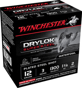 Winchester Ammo DryLok Super Steel 12 Gauge 3-Inch High Velocity Shotshells, 2 Shot Size, 1 3/8 oz, 1300 fps, 25 Rounds per Box